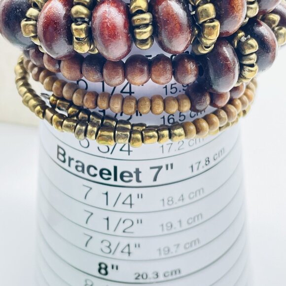 Beaded Memory Wire Bracelet Gold Tone Wood Ethnic Native Tribal SW Boho - Picture 4 of 6